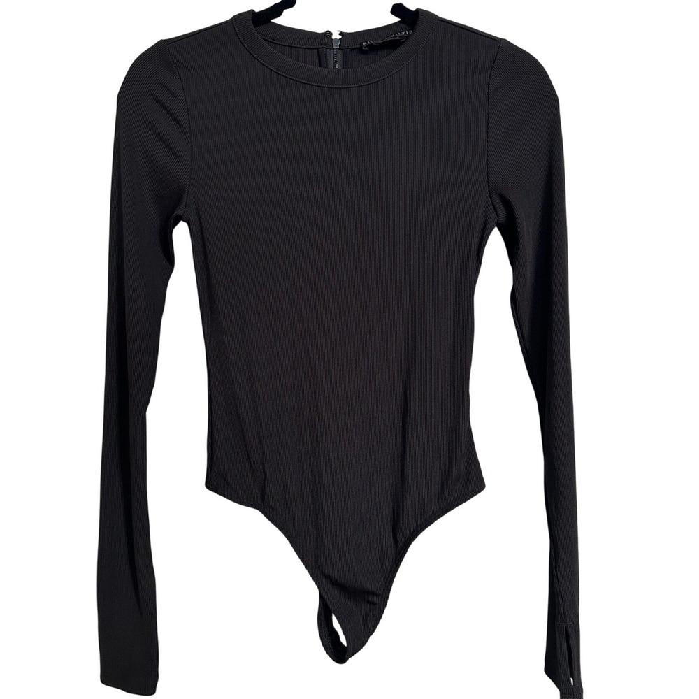 Alice + Olivia Classics‎ Black Ribbed Long Sleeve Thumbhole Thong Bodysuit S